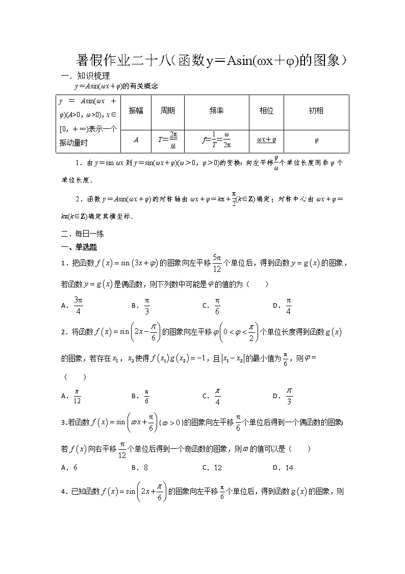 暑假作业二十八（函数y＝Asin(ωx＋φ)的图象）-（新高一）数学 练习01