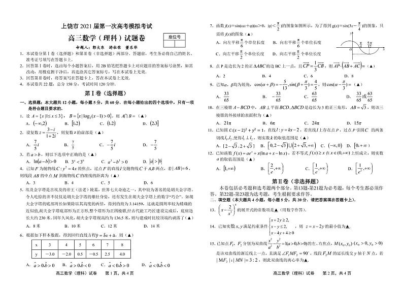 2021年江西省上饶市高考一模数学试卷第1页