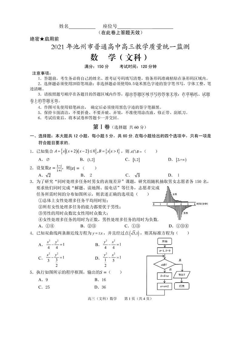 2021年安徽省池州市高考一模文科数学试卷第1页