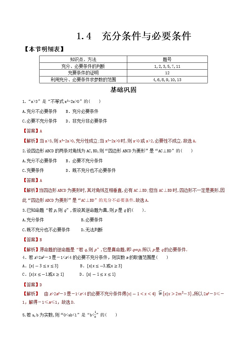 人教A版（2019年）必修一数学1.4 充分条件与必要条件（课件、教案、学案、配套练习含解析）01