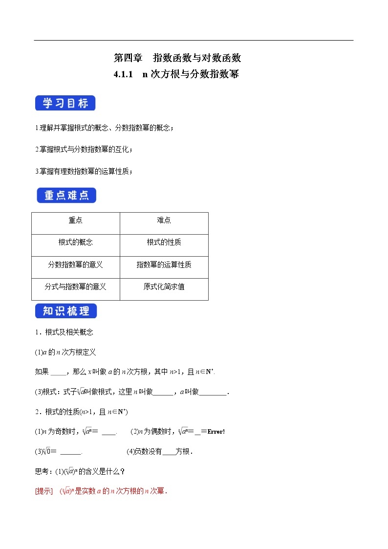 人教A版（2019年）必修一数学4.1.1  n次方根与分数指数幂（课件、教案、学案、配套练习含解析）01