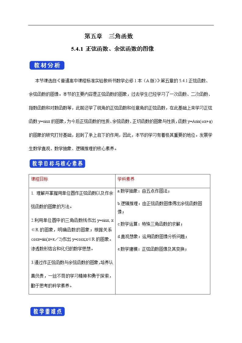 人教A版（2019年）必修一数学5.4.1 正弦函数、余弦函数的图像（课件、教案、学案、配套练习含解析）01