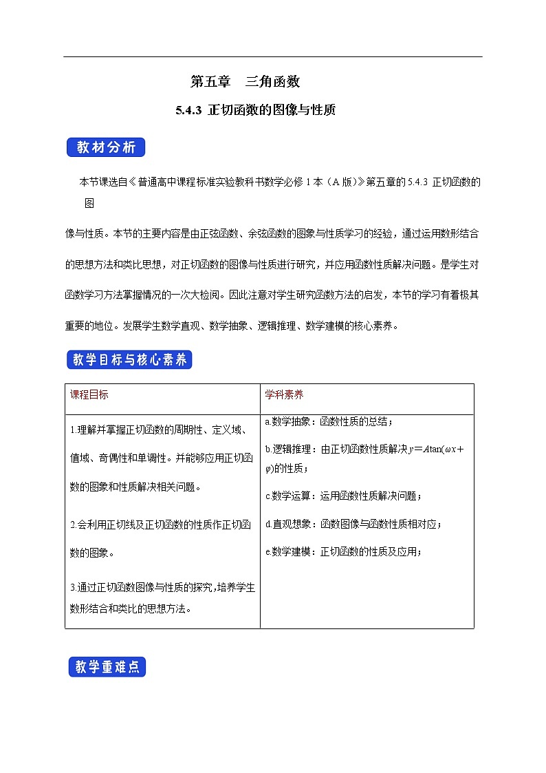 人教A版（2019年）必修一数学5.4.3 正切函数的图像与性质（课件、教案、学案、配套练习含解析）01