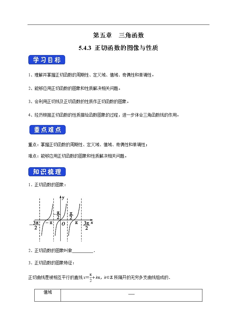 人教A版（2019年）必修一数学5.4.3 正切函数的图像与性质（课件、教案、学案、配套练习含解析）01