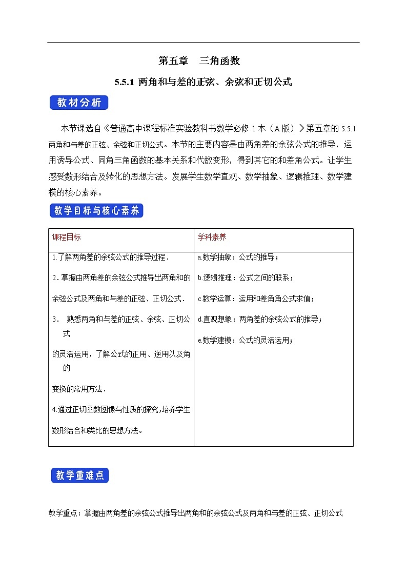 人教A版（2019年）必修一数学5.5.1 两角和与差的正弦、余弦和正切公式（课件、教案、学案、配套练习含解析）01