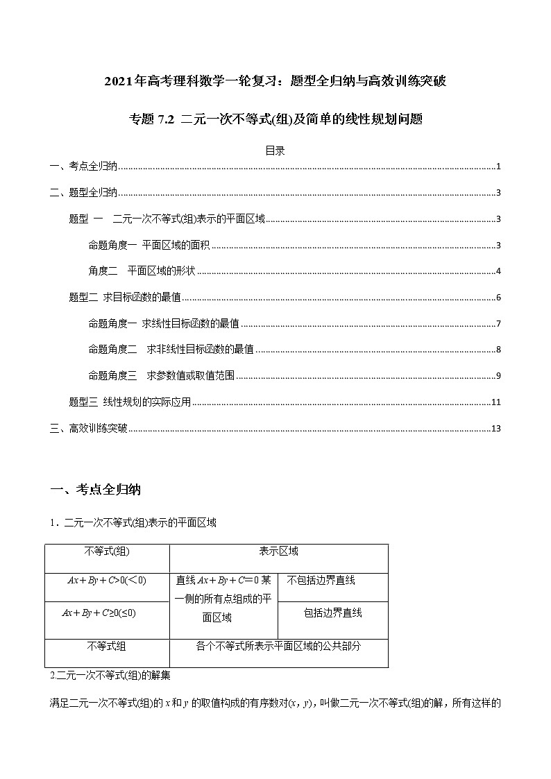 专题7.2 二元一次不等式(组)及简单的线性规划问题（老师版）第1页