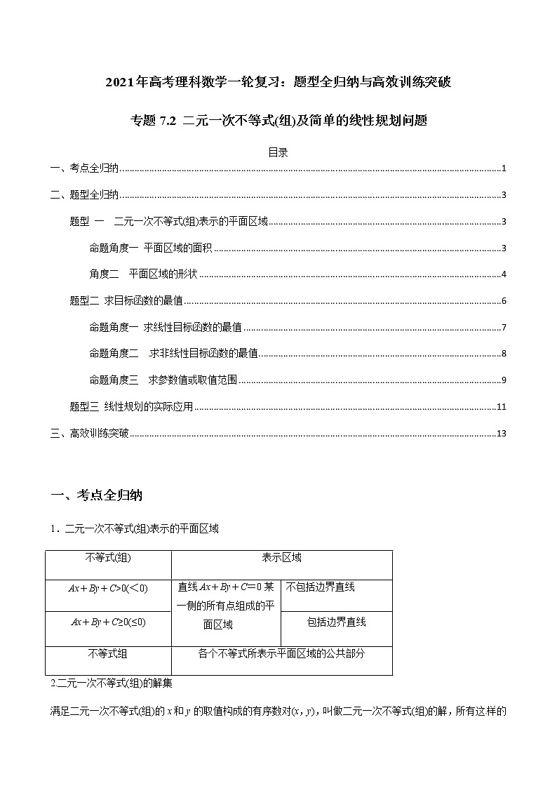 专题7.2 二元一次不等式(组)及简单的线性规划问题（学生版）第1页