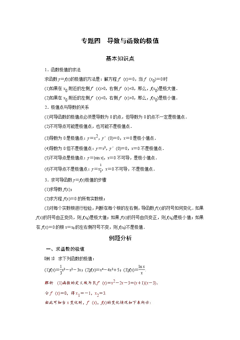 专题四  导数与函数的极值-2020-2021学年高中数学专题题型精讲精练（2019人教B版选择性必修第三册）(解析版)第1页