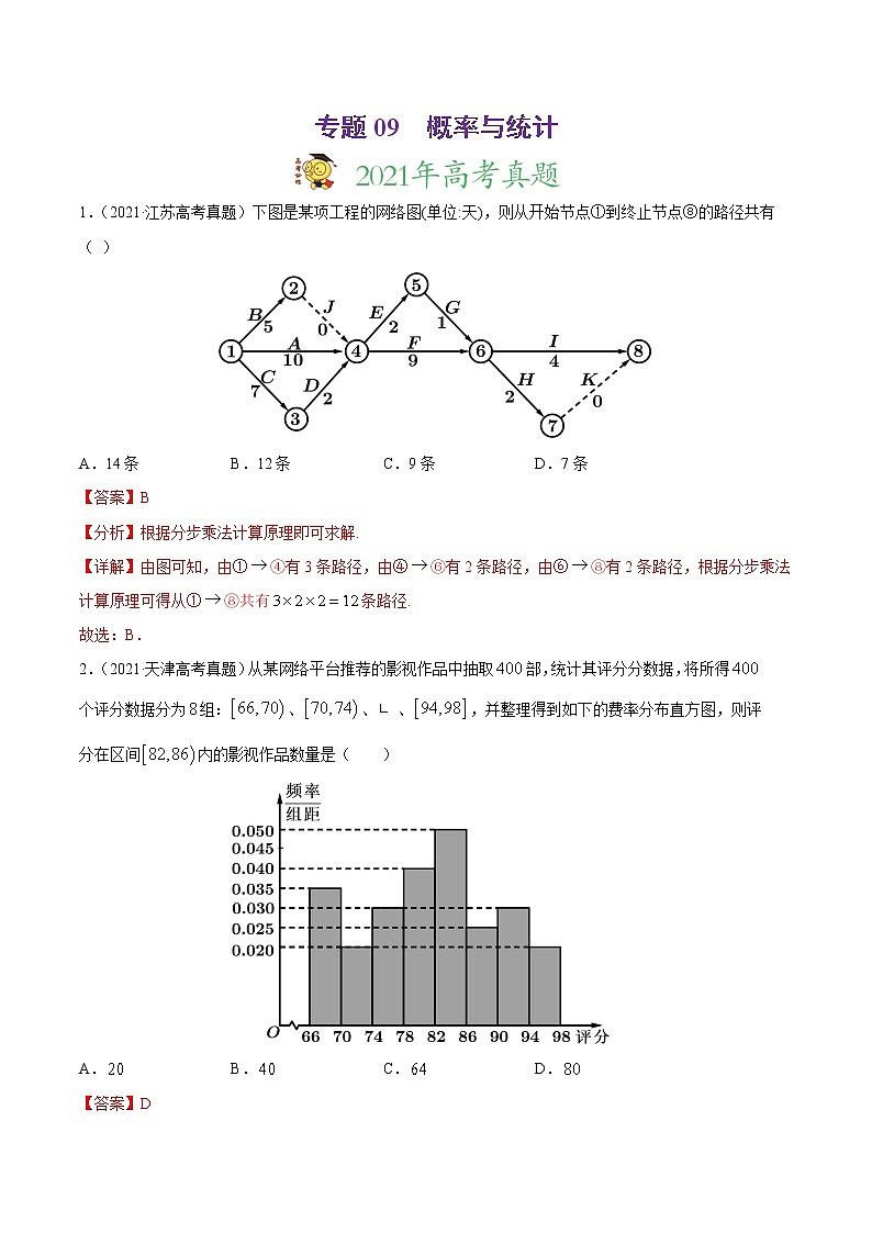 专题09概率与统计-2021年高考真题和模拟题数学（文）分项汇编（全国通用）（解析版）第1页