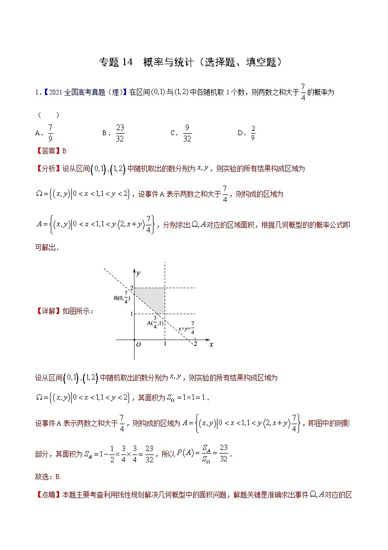 三年（2019-2021）高考数学（理）真题分项汇编之专题14概率与统计（选择题、填空题）（解析版）第1页