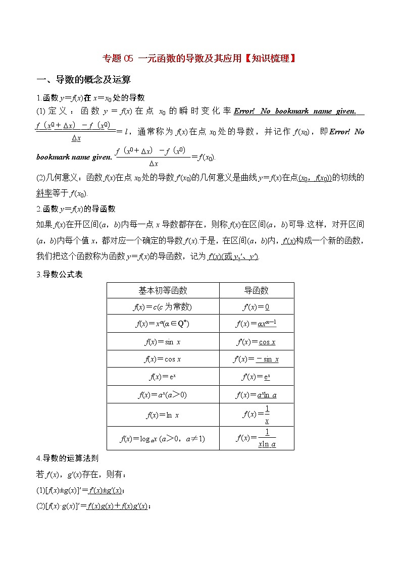 专题05 一元函数的导数及其应用【知识梳理】-高二数学下学期期末专项复习（新人教A版2019）01