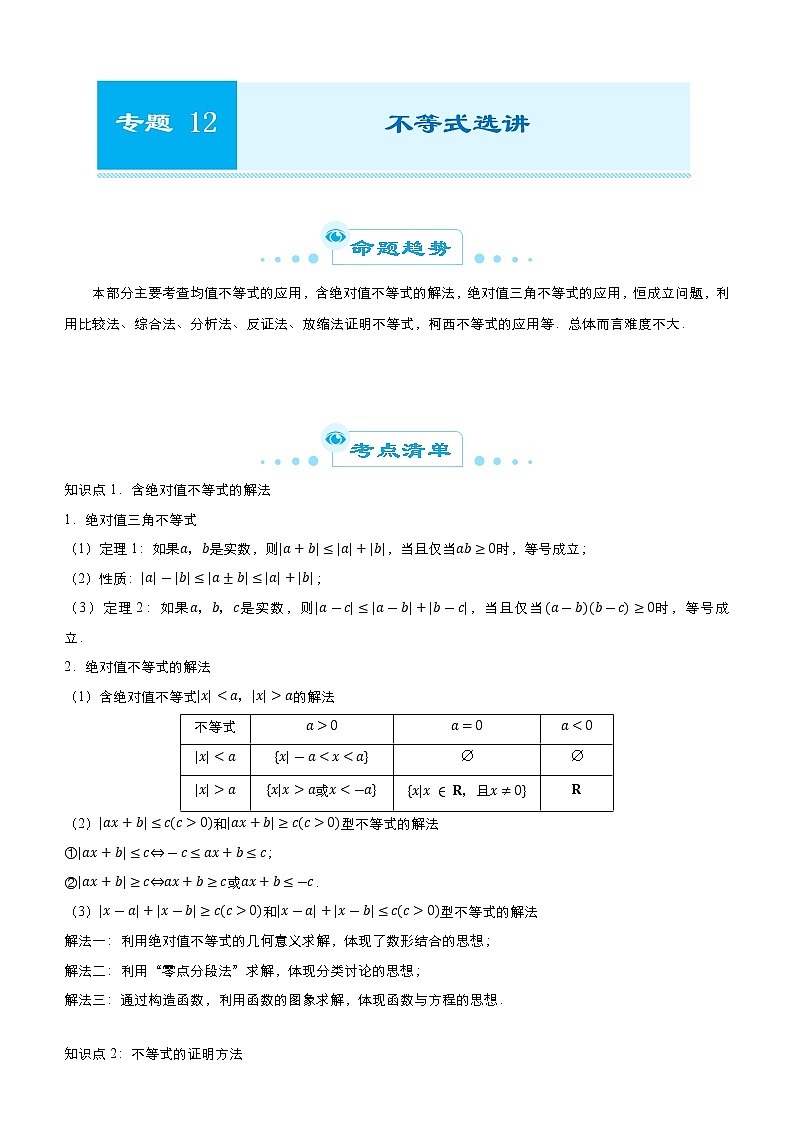 2021届高考数学（文）二轮专题十二 不等式选讲（文）   学案01