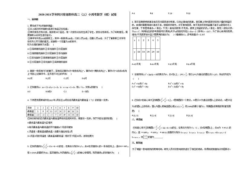 2020-2021学年四川省绵阳市高二（上）小周考数学（理）试卷人教A版第1页