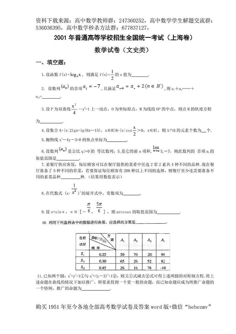 1951至今的高考数学试卷及答案合集01