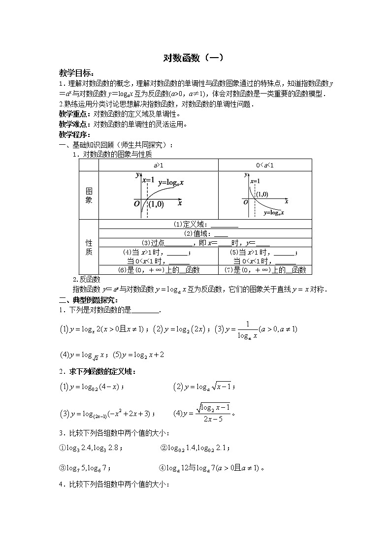 苏教版高中数学必修一 3.2.2 对数函数(7)（教案）第1页