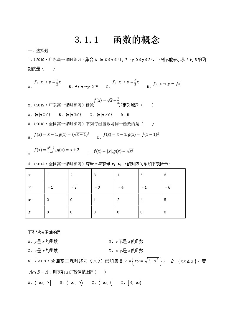 2021年高中数学人教版必修第一册：3.1.1《函数的概念 》同步练习(1)（原卷版）01