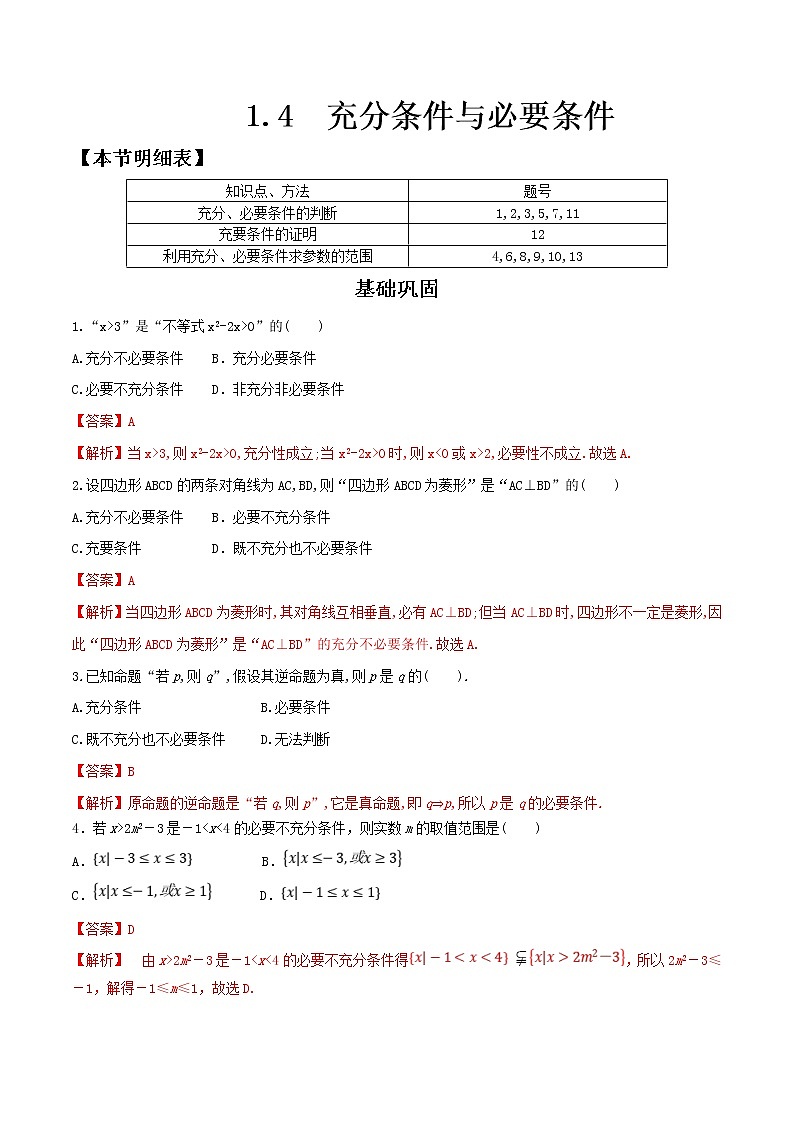 2021年高中数学人教版必修第一册：1.4《充分条件与必要条件》同步练习(2)(含答案详解)01