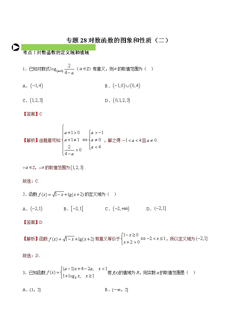 专题28 对数函数的图象和性质（二）-2020-2021学年高一数学培优对点题组专题突破（人教A版2019必修第一册）01