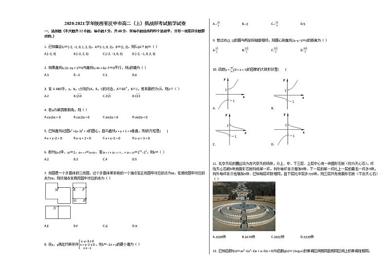 2020-2021学年陕西省汉中市高二（上）挑战杯考试数学试卷人教A版第1页