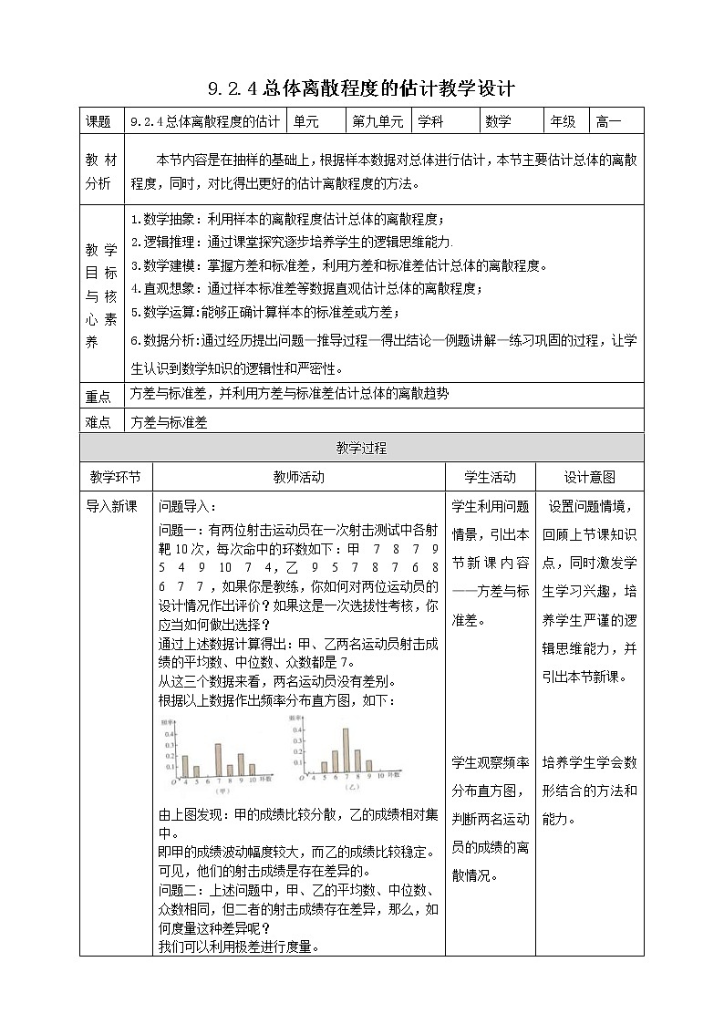 2021年人教版高中数学必修第二册：《9.2.4总体离散程度的估计+9.3统计案例》教案第1页