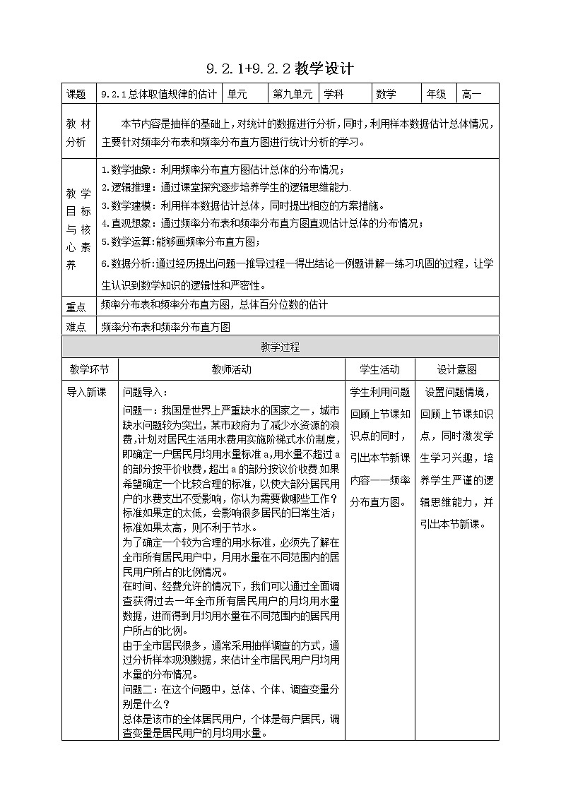2021年人教版高中数学必修第二册：《9.2.1总体取值规律的估计》教案01