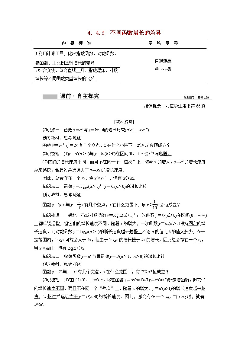 2022届高中数学新人教A版必修第一册 4.4.3不同函数增长的差异 学案01
