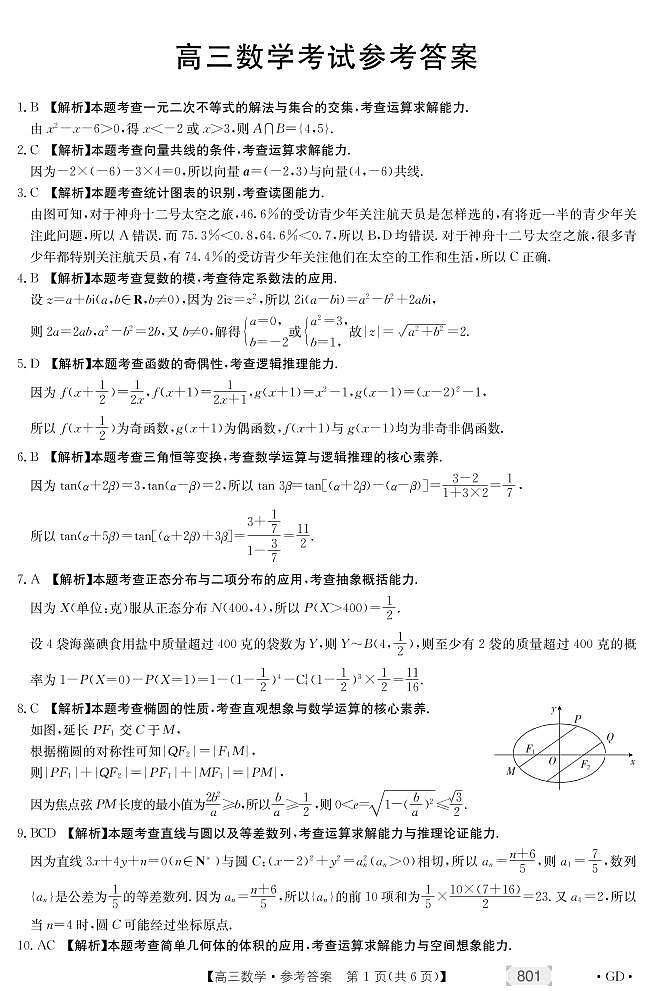 2021年广东省高三8月联考数学试题答案第1页