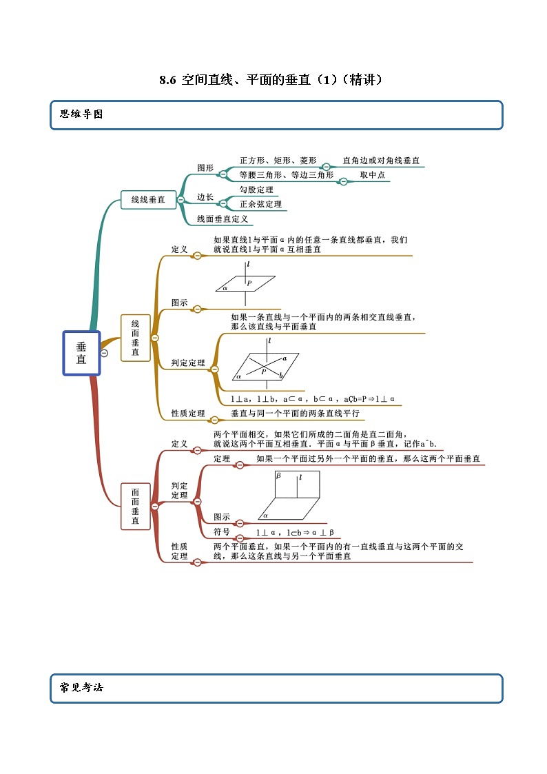 2021年人教版高中数学必修第二册(精讲)8.6《空间直线、平面的垂直》（1）（解析版）学案第1页