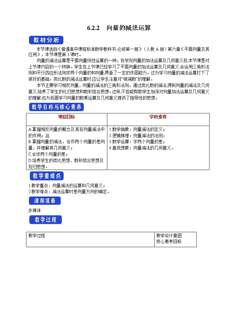 6.2.2 向量的减法运算 教案-人教A版高中数学必修第二册01