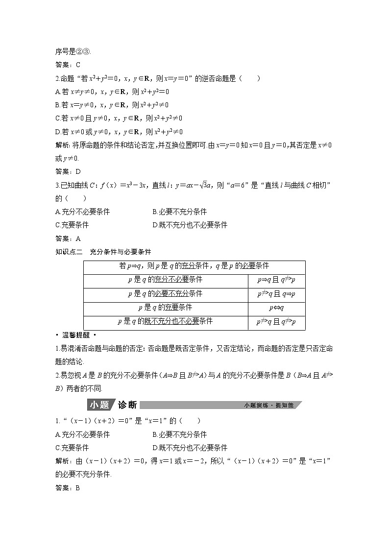2022届高考数学一轮复习第一章集合与常用逻辑用语1.2命题及其关系充分条件与必要条件学案理含解析北师大版02