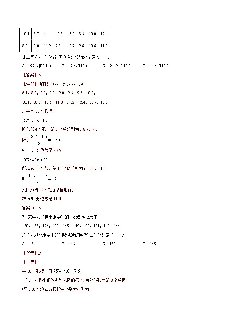 2021年人教版高中数学必修第二册课时同步检测9.2.2《总体百分位数的估计》（解析版）第3页