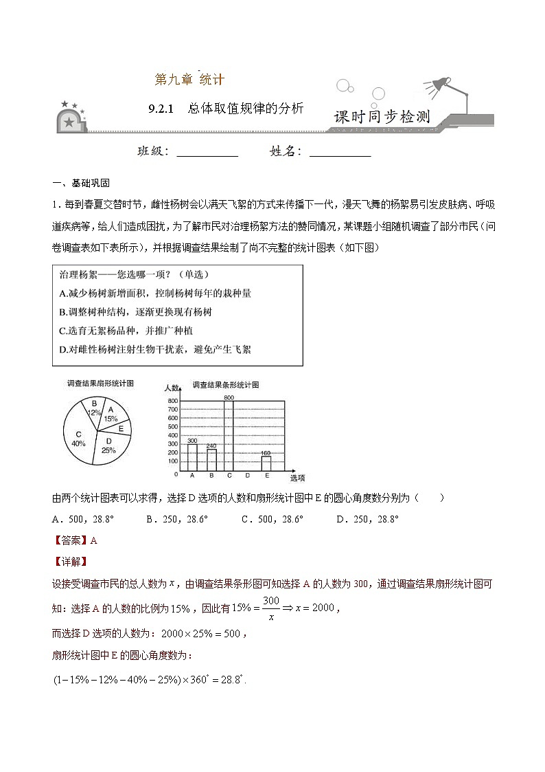 2021年人教版高中数学必修第二册课时同步检测9.2.1《总体取值规律的分析》（解析版）01