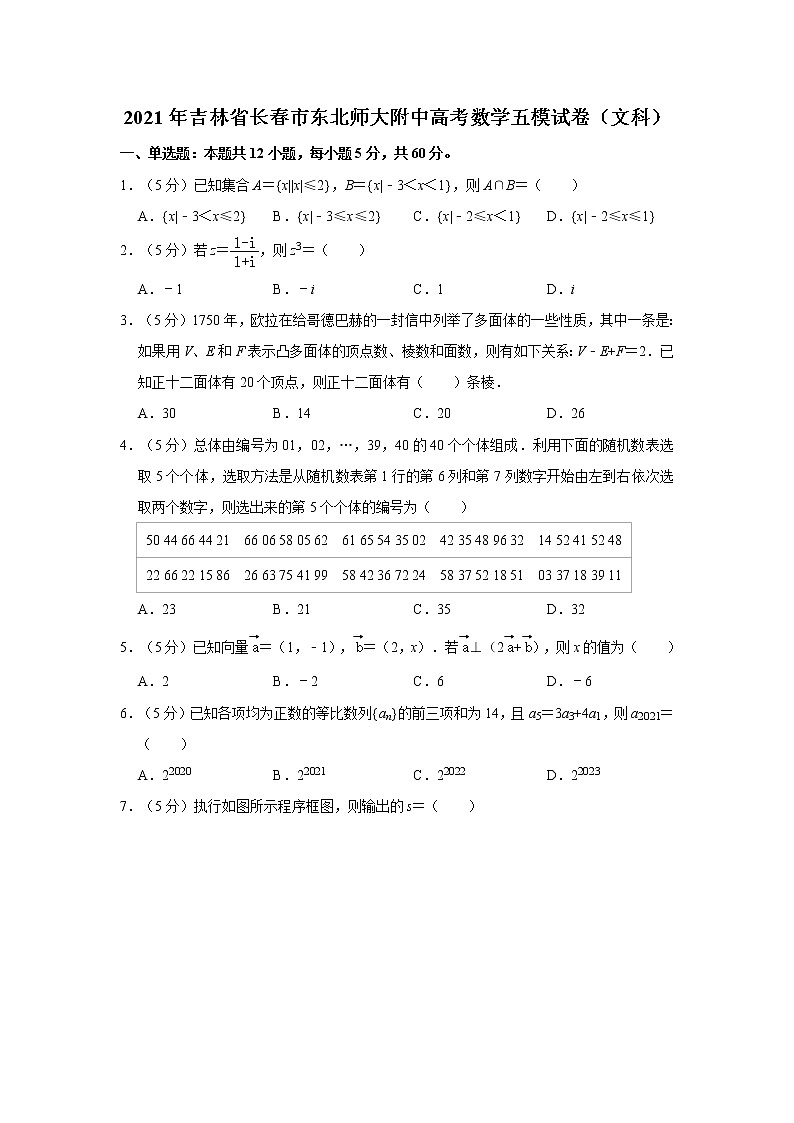 2021年吉林省长春市东北师大附中高考数学五模试卷（文科）第1页
