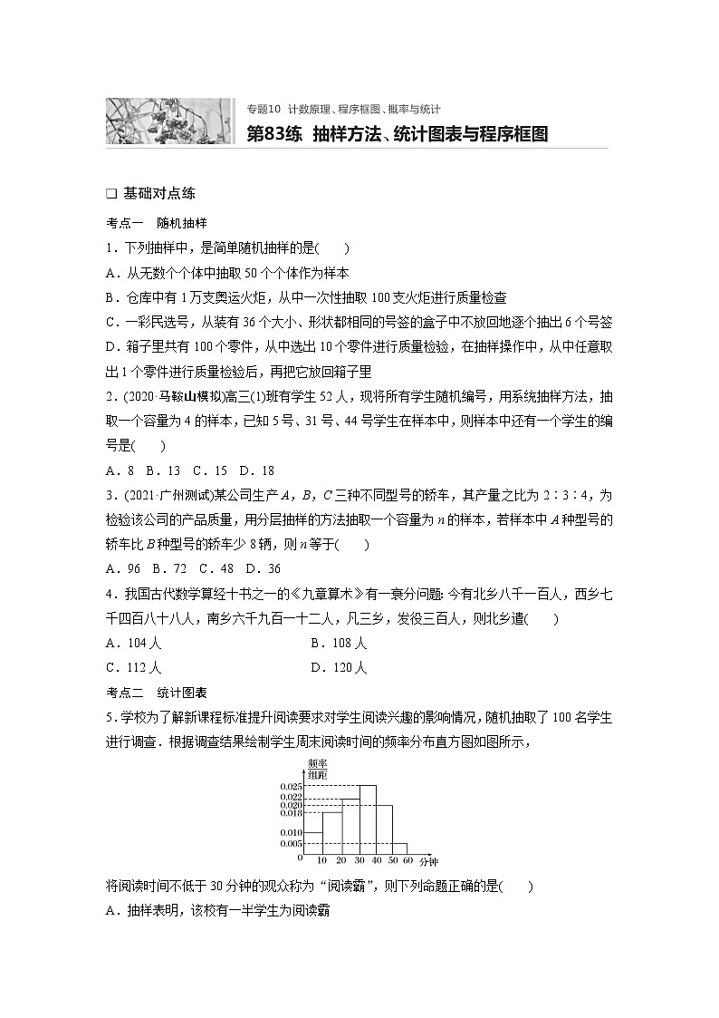2022届一轮复习专题练习10 第83练  抽样方法、统计图表与程序框图（解析版）第1页