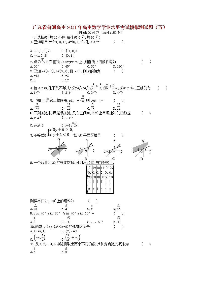 广东省普通高中2021年高中数学学业水平考试模拟测试题五含解析01