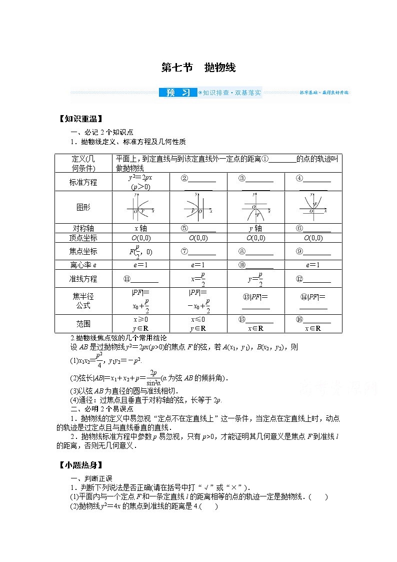 2022届高三统考数学（文科）人教版一轮复习学案：9.7 抛物线第1页