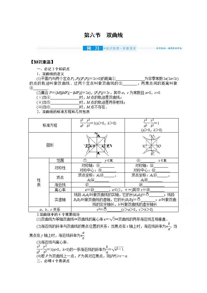 2022届高三统考数学（文科）人教版一轮复习学案：9.6 双曲线01