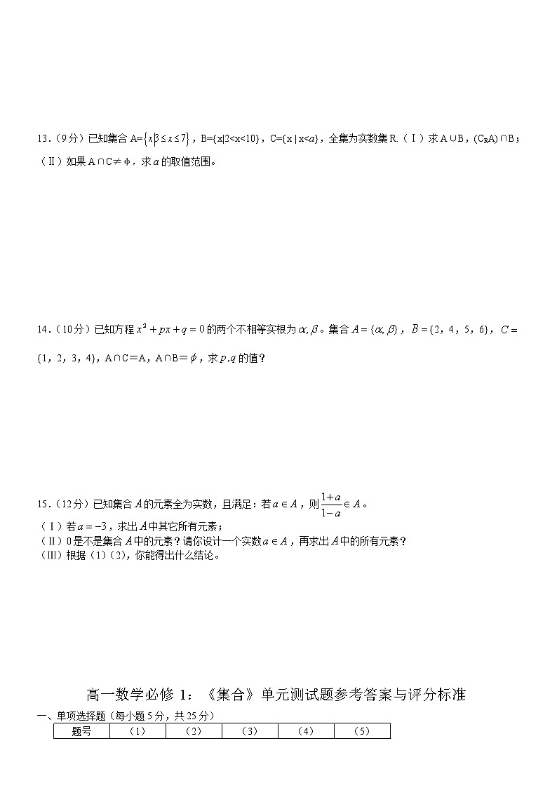 高一数学必修第一册  第一章 集合（单元测试）第2页