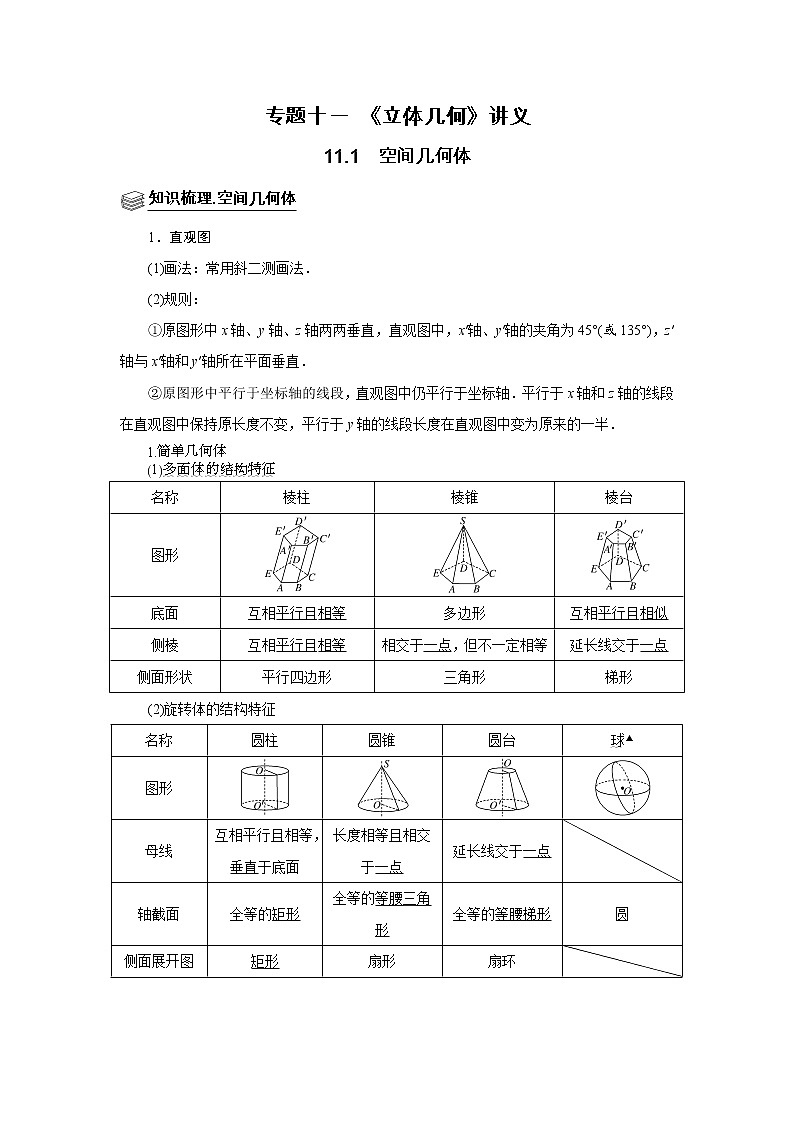 专题11 立体几何 11.1空间几何体 题型归纳讲义-2022届高三数学一轮复习（原卷版）第1页