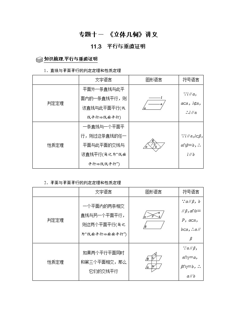 专题11 立体几何 11.3平行与垂直证明 题型归纳讲义-2022届高三数学一轮复习（原卷版）第1页