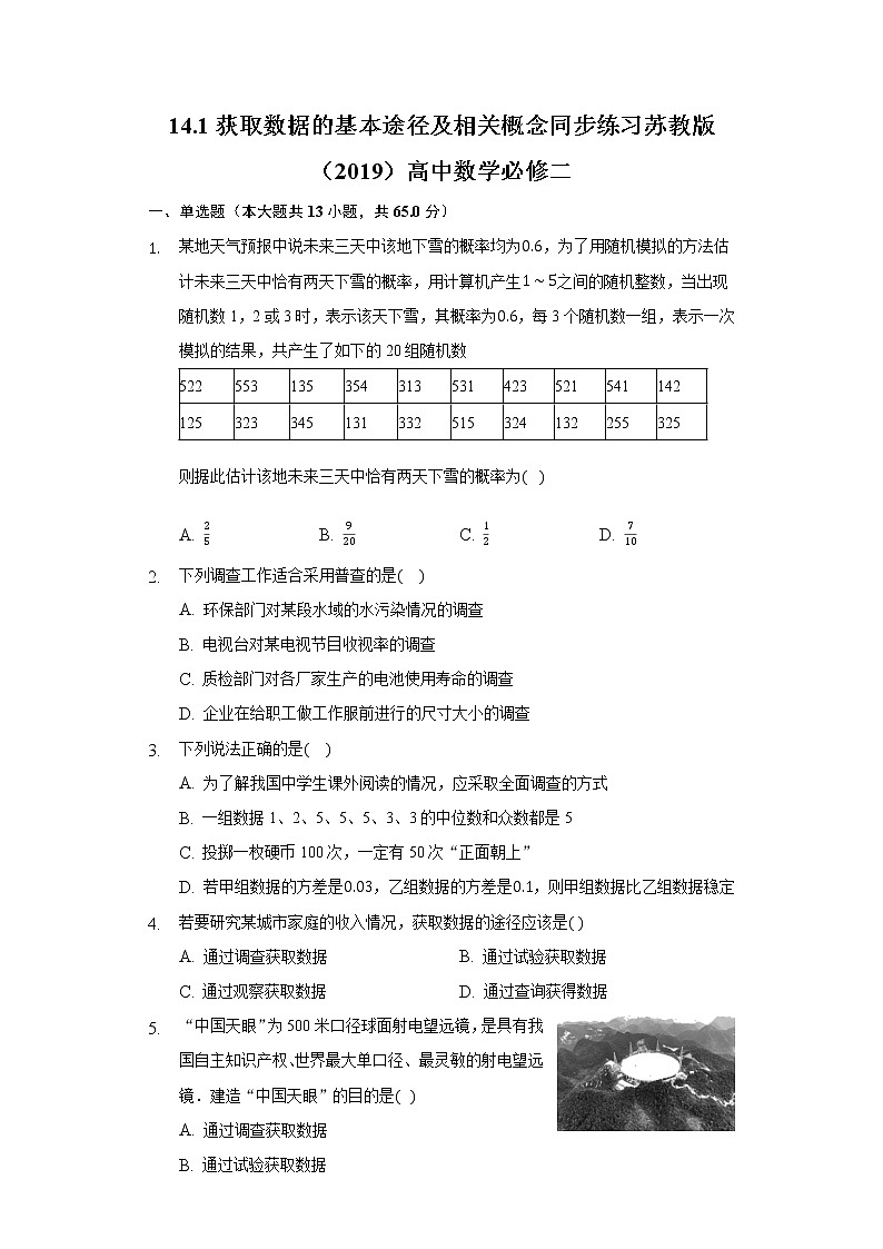 14.1获取数据的基本途径及相关概念同步练习苏教版（2019）高中数学必修二01