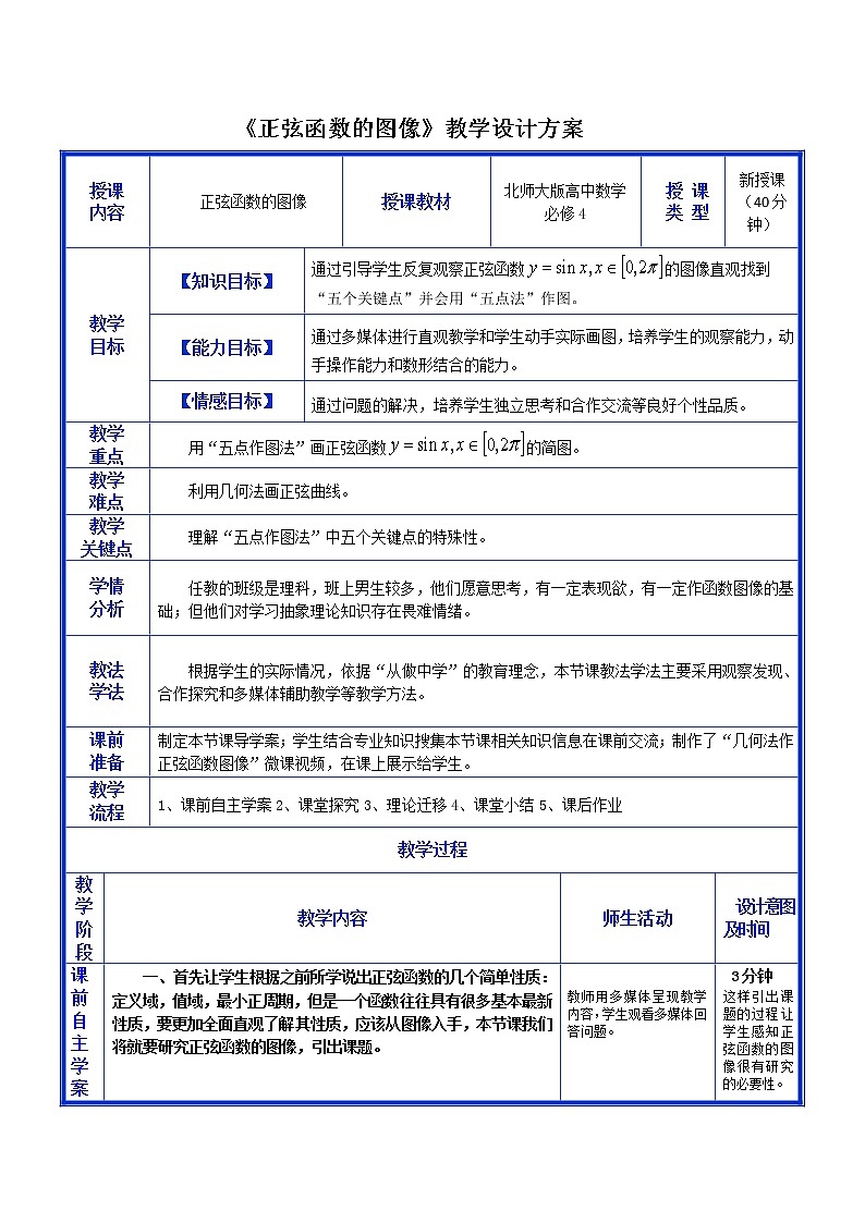 高中数学北师大版必修四 1.5.2 正弦函数的图像 教案4第1页