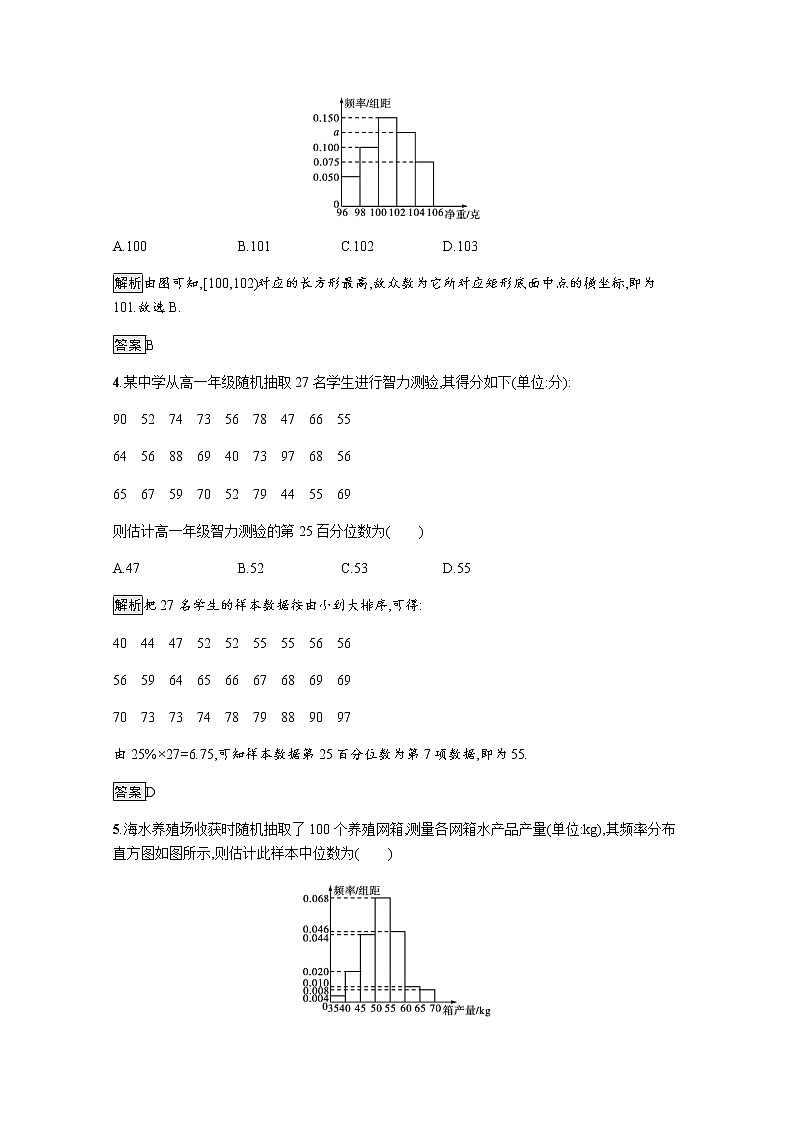 高中数学第9章统计9.2.2_9.2.3总体百分位数的估计总体集中趋势的估计训练含解析新人教A版必修第二册02