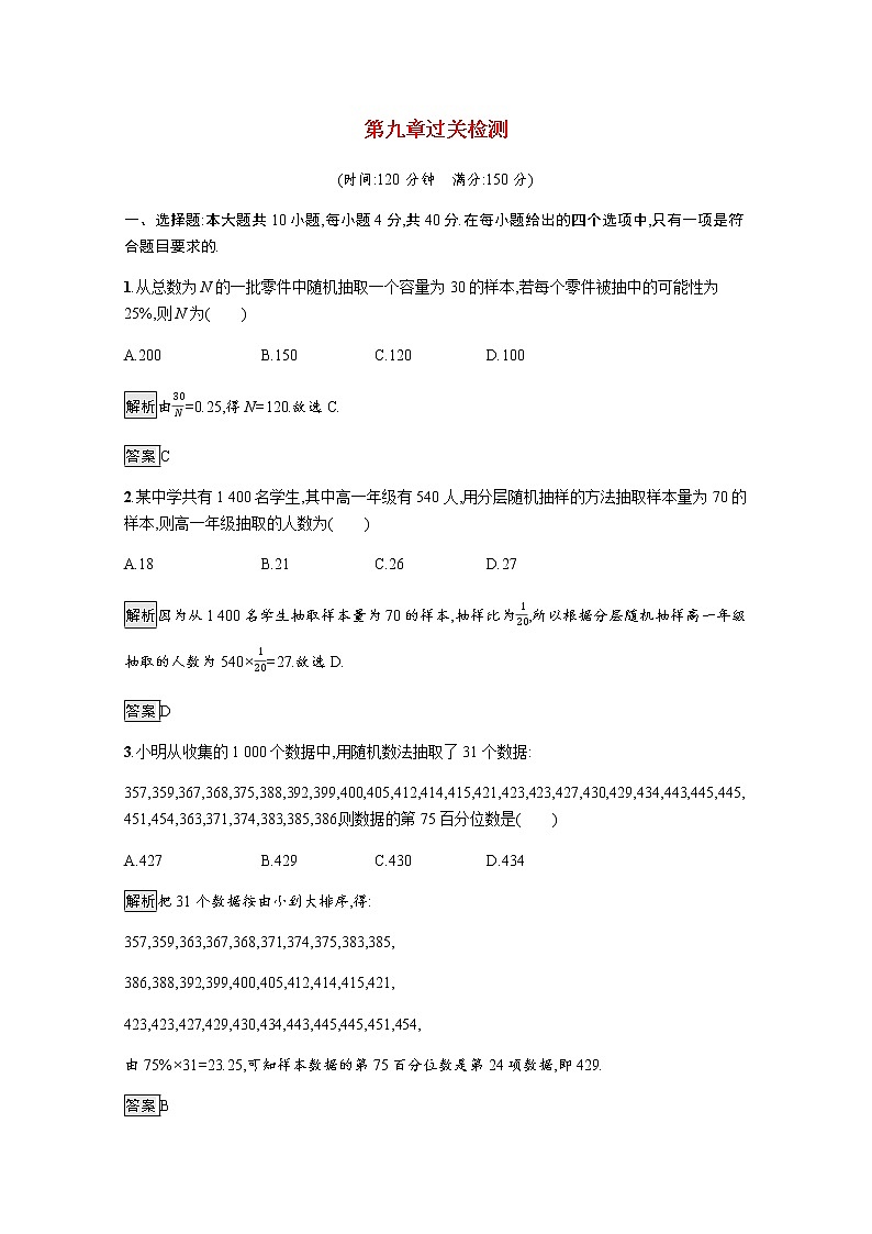 高中数学第9章统计过关检测训练含解析新人教A版必修第二册01