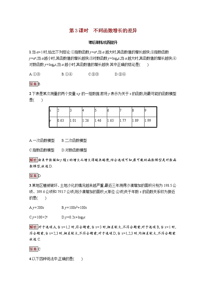 高中数学第四章指数函数与对数函数4.4第3课时不同函数增长的差异课后提升训练含解析新人教A版必修第一册01