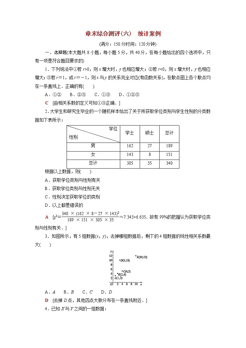 高中数学章末综合测评6统计案例含解析北师大版选择性必修第一册第1页