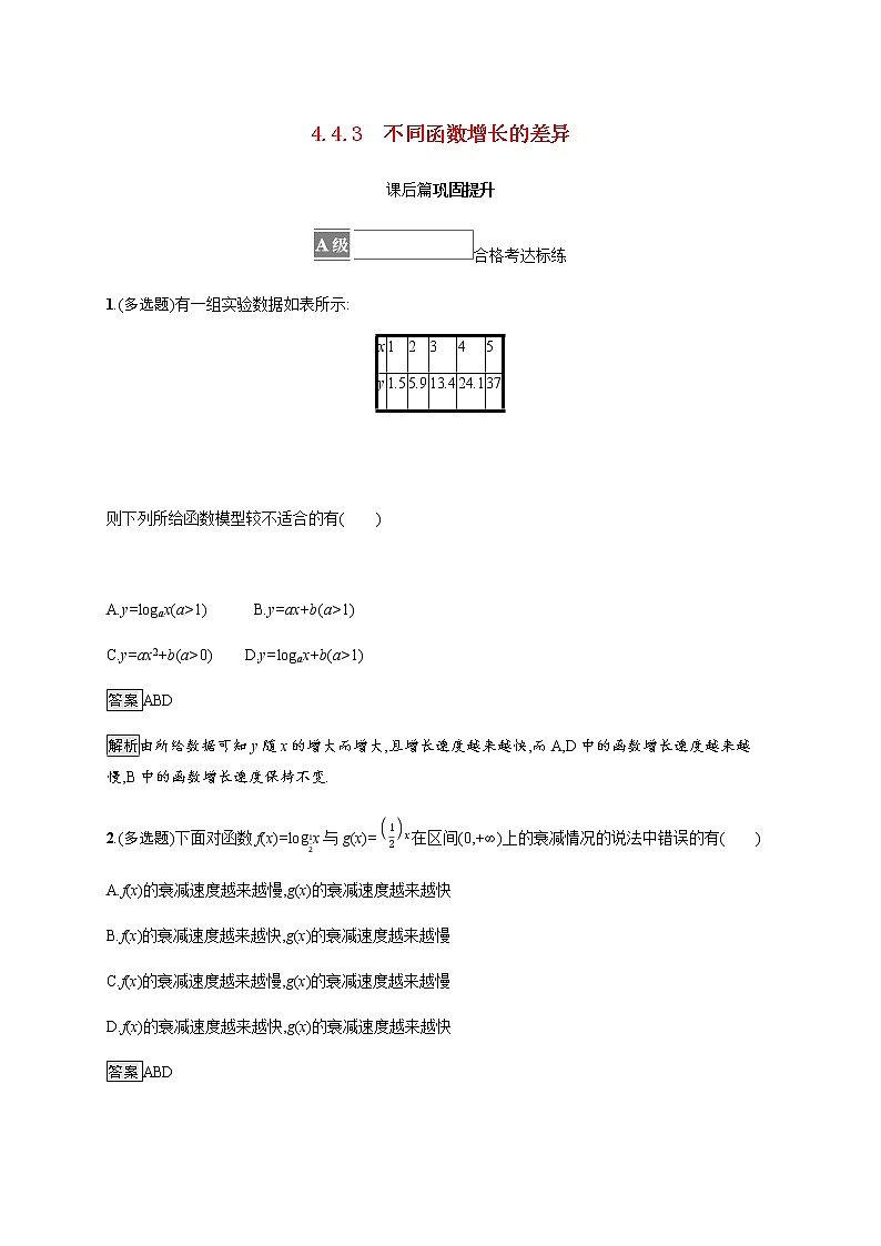 高中数学第四章指数函数与对数函数4.4.3不同函数增长的差异课后篇巩固提升含解析新人教A版必修第一册练习题01