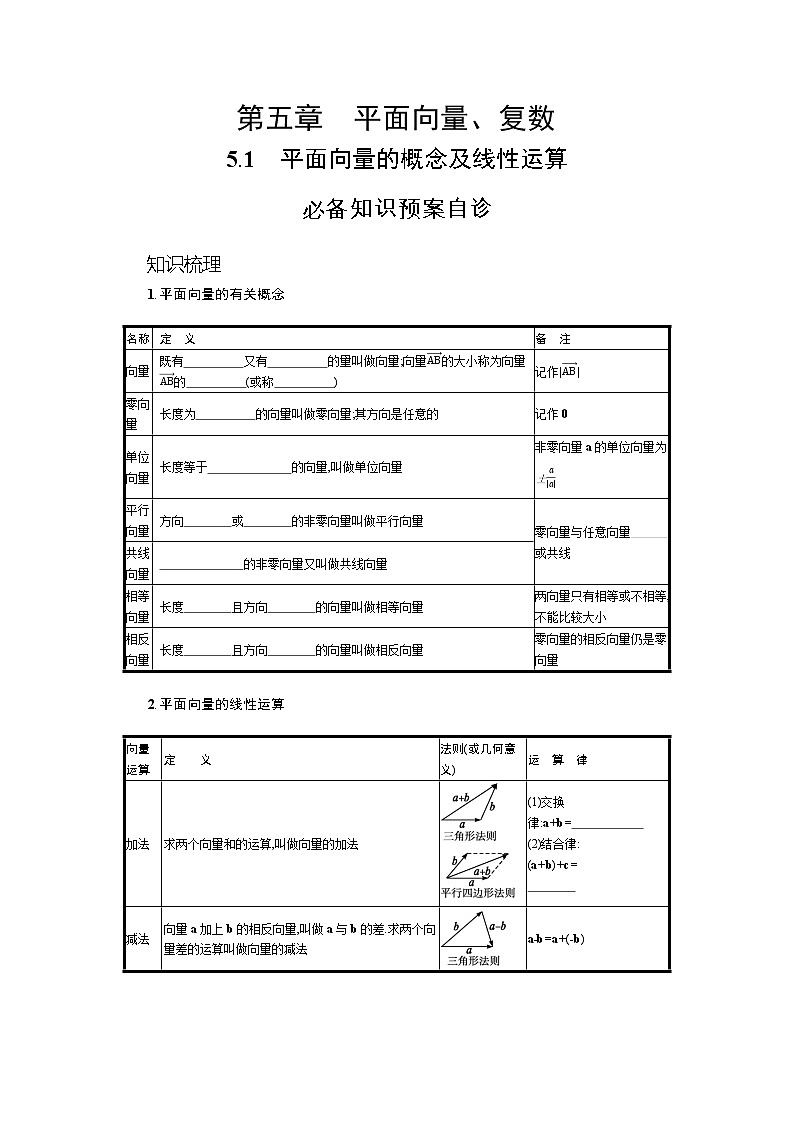 新教材2022版高考人教A版数学一轮复习学案：5.1　平面向量的概念及线性运算第1页