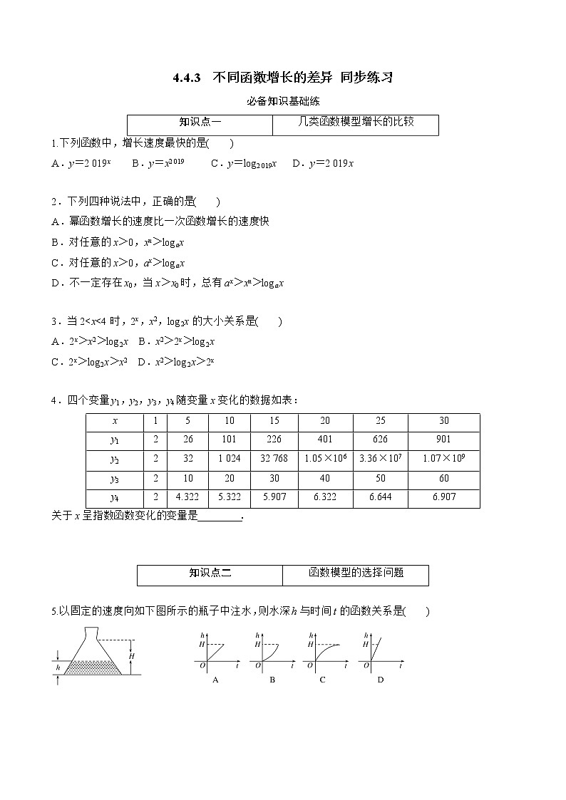 4.4.3　不同函数增长的差异同步练习-2021-2022学年人教A版（2019）必修第一册学案01
