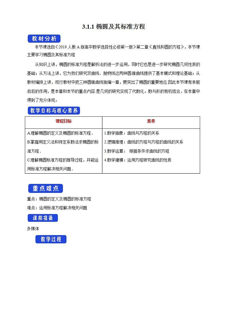 2021年人教版高中数学选择性必修第一册3.1.1《椭圆及其标准方程》教学设计(含答案)01